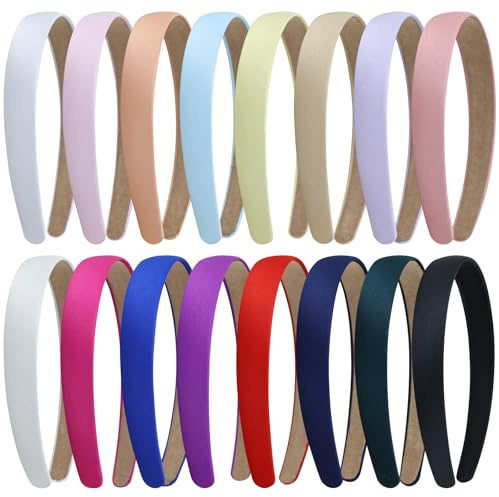 Yoosit 16 Pack Multicolor Satin Cloth Fabric Covered Thin Slim Plain Plastic Headband Hair Band Hoops Base for Women Men Girls Teens Kids Hair Accessories (Multicolor B, Width: 2 cm / 0.8)