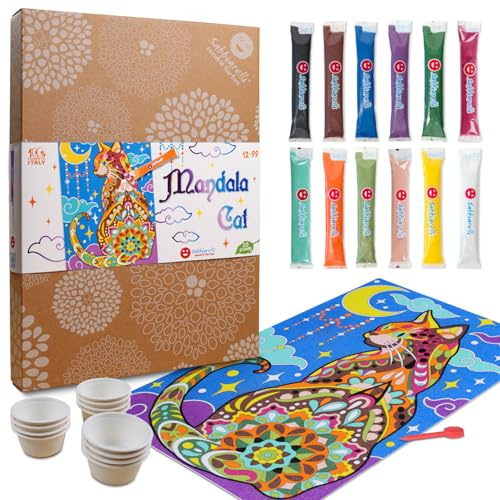 Sabbiarelli Sand-it For Fun – Maxi Set Mandala Gatto 12-99 | Kit di Sand Art 100% Made in Italy con Sabbia Colorata, 1 Poster Adesivo e Accessori | Hobby Creativo Facile, Relax per Ragazzi e Adulti