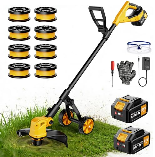 Desbrozadora Bateria con Ruedas, 21V Desbrozadora Electrica con 2 * 3.0 Ah Baterías, 800W Motor sin Escobillas, Ancho de Corte 36CM, Cortabordes Ligero 3 en 1 con 8 Bobinas de Recambio para Jardín