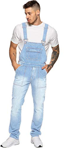 Enzo Jeans herr, blå denim, hängselbyxor, stentvättade hängselbyxor, overaller, midja 76 cm - 127 cm, Blek tvätt, 32W x 32L