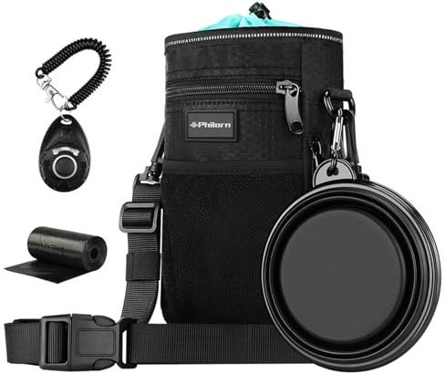 PHILORN Leckerlie Beutel, Futterbeutel Hunde Wasserdicht, Reflektierend LeckerliBeutel mit Poop Tasche und Eingebautem Spender, Falten Schüssel, Clicker - 3 Tragevarianten, Leicht zu Reinigendes Liner