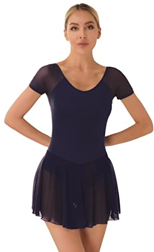 ranrann Dam klassisk dansklänning långärmad trikåer gymnastik leotard balett bodysuit dansare outfit S–XXL, Marinblå, S
