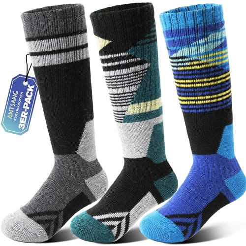 ANTSANG 3 Paires Chaussettes Ski Laine Mérinos Enfants Garçons Filles Chaudes Hiver Épaisses Rembourrées pour Snowboard Ski(Bleu/Vert/Noir,34-38)