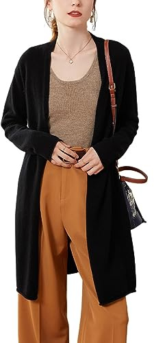DISSA SPR2242 - Cardigan da donna in cashmere con scollo a V, a maniche lunghe, in lana di cachemire, tinta unita, Nero , Taglia unica