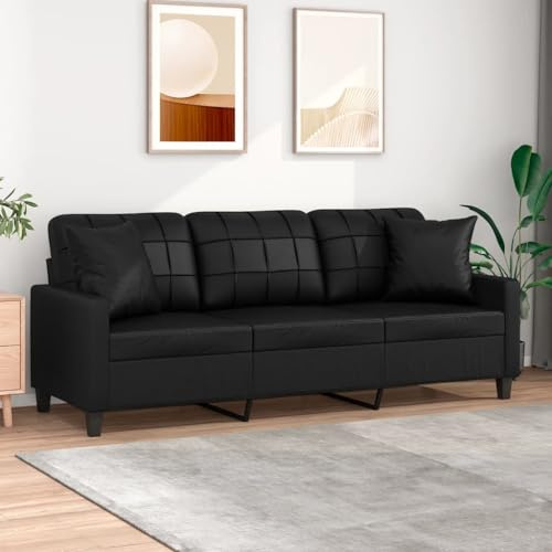 ARKEM Sofá de 3 plazas con Cojines Cuero sintético Negro 180 cm Sofas Cama Modernos 3 Plazas Sofa Cama Liquidacion