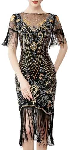 Seiveini Femme Robe à Paillettes Franges Années 20 Manches en Maille Charleston Vintage Élégante Gatsby Cocktail Club Outfit Sexy Soirée Bal Fete Tunique A Noir XS