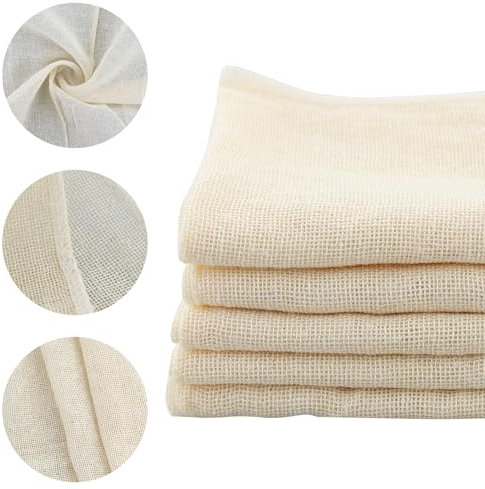 Lot de 5 tissus filtrants réutilisables, passoire en tissu mousseline pour cuisine, 50 x 50 cm, tissu pour fromage en coton, filtre en coton pour filtrer le lait d'amande, jus de fruits, smoothies