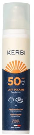 Lait Solaire SPF 50 pour Visage et Corps, 99% d'Origine Naturelle, Certifiée Bio, 100g, Kerbi, minéral