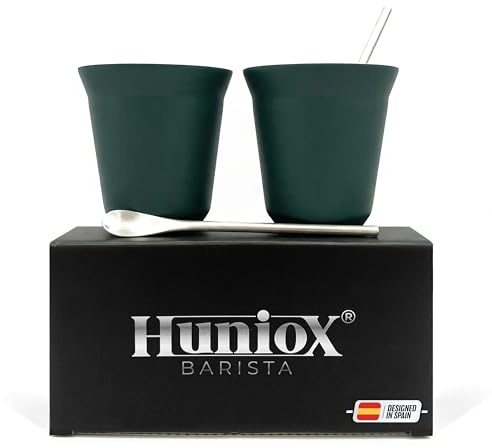 Huniox® 2 X 160 Ml - Taza De Acero Inoxidable - Tazas De Cortado - Vasos De Acero Inoxidable - Vasos Doble Pared - Taza De Cafe - Incluye 2 Cucharillas De Diseño (Emerald, 160 Ml)