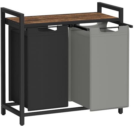 VASAGLE Cesto para Ropa Sucia, Cesta Colada, 2 Bolsas de Tela Oxford Extraíble y Desmontable, Estante, Marco Metálico, 2 x 46 L, 73 x 33 x 72 cm, Negro Tinta Gris Paloma y Marrón Rústico BLH201X01