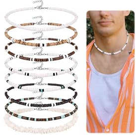 REVOLIA 8Pcs Puka Shell Necklace for Men Women Summer Beach Surfer Necklace Men Seashell Choker with Clam Chip Beads Beach Jewelry Set 16/18 Inches 16Inch