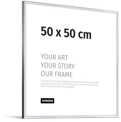 JUNOMI® Marco de fotos de aluminio de 50 x 50 cm, color plateado (brillante), decoración de pared de metal con cristal acrílico irrompible, perfil estrecho