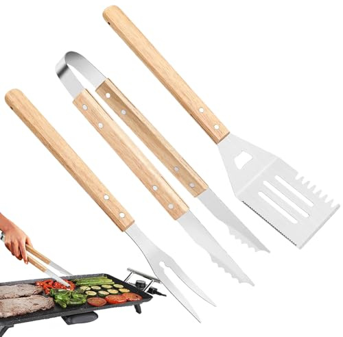 Set Utensili BBQ | Set Di 3 Accessori Barbecue | Utensili da Cucina Resistenti ad Alte Temperature con Impugnatura Antiscivolo in Legno per Campeggio, Bistecca, Burger, Pizza e Barbecue sulla