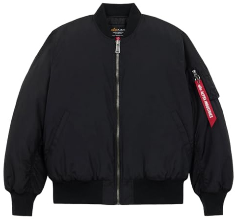 Alpha Industries MA-1 Oxford Flight Jacket for Men Lightweight Oxford Nylon Bomber Jacket with Utility Sleeve Pocket Ribbed Knit Cuffs Hem Collar Relaxed Fit Zipper Closure Army Air Force, Black, 2XL
