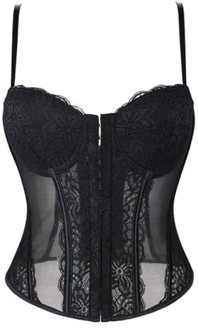 HAOLEI Fajas Reductoras Mujer,Corset Negro Mujer Transparente de Encaje Top Bustier Frente Abierto con Tirantes Fino Corsé Moldeador con Cordones y Huesos Disfraz Halloween Carnaval Navidad Fiesta