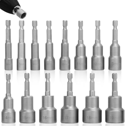 14Pcs Puntas Destornillador Acero Vanadio con 6-19mm Socavado Hexagonales Imantadas Antideslizante, Kit Impact Driver Profesionales, Herramientas Taladro Eléctrico para Garaje, Taller & Aficionado