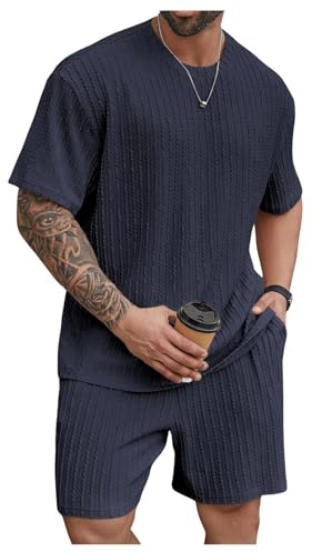 QUNERY Ensemble Homme Ete Survêtement Jogging 2 Pièces Tracksuit T-shirt + Short avec Poches Vacances Plage Costumes Bleu Marine L