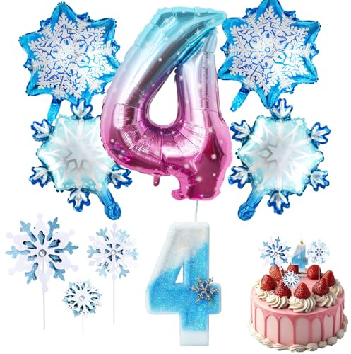 Decoraciones de Cumpleaños 4 Años 9 Piezas, Globos Copo de Nieve