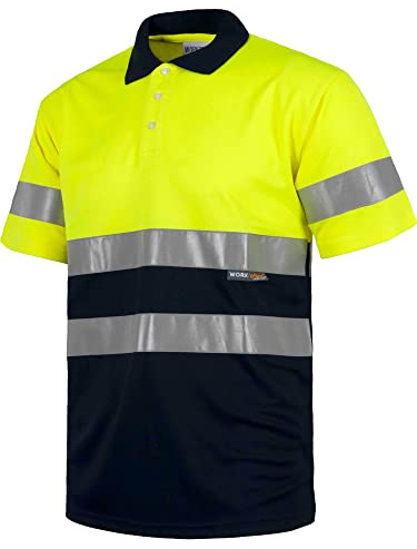 Work Team Polo Combinado Alta Visibilidad Manga Corta. Cintas Reflectantes Torso y Mangas. EN ISO 20471:2013 Hombre Amarillo A.V.+Marino 3XL