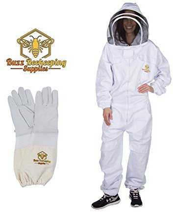 Professional Beekeeping Suit and Goatskin Gloves (1 Pair) Self-Supporting Fencing Veil and Heavy Duty YKK Metal Zippers for Bee Keepers Easily Take On and Off (X-Large)