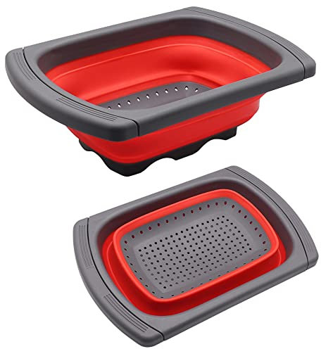 CCUCKY Passoire Pliante 3.8L Avec Poignées Extensibles,Économie de Rythme,Drainage Rapide pour Les Travaux de Cuisine,Convient à la Plupart des Tailles D'évier,Rouge