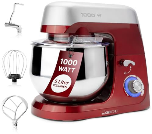 Clatronic® Küchenmaschine zum backen | Knetmaschine 5L mit starkem 1000W Motor | Teigmaschine inkl. Haken & Schneebesen | Teigknetmaschine Spritzschutz mit Nachfüllöffnung | KM 3709 rot