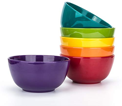KX-WARE Melamine Bowls set - 28oz 6inch 100% Melamine Cereal/Soup/Salad Bowls, Set of 6 in 6 Assorted Colors | Shatter-Proof and Chip-Resistant Dishwasher Safe, BPA Free
