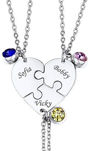 U7 Collier Puzzle Acier pour 3 Pendentif Coeur Séparable Personnalisable avec Prénoms Pierres de Naissance Bijou Tendance pour Famille/Soeur/Friends