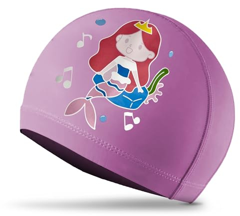 SOL 1pk Kids Swimming Cap for Girls, Pink Junior Swim Hats Kids Age 6-14, 9-10 years, Stretchable, Breathable Fabric, Comfortable Fit for Childrens with Long Hair, Ideal for Pool and Water Activities