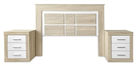 DUÉRMETE ONLINE Nórdico Omabella - Pack Cabecero de 160 x 120 x 3 cm + 2 Mesitas de Noche 50 x 60.5 x 34.5 cm, Diseño Práctico y Elegante, Colores Cambria y Blanco (para Cama de 135-140 cm o 160 cm)