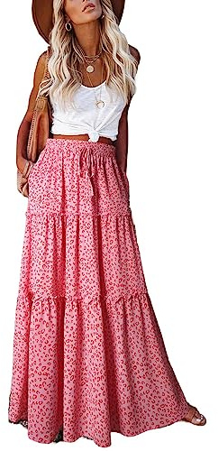 EARKOHA Womens Casual High Waist Tiered Paisley Print Long Maxi Skirt with Pockets, Leopard Pink, XXL