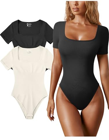 OQQ Women Bodysuits Square Neck 2 Piece Short-sleeve Tummy Control Seamless Fashion Bodysuits Black Beige