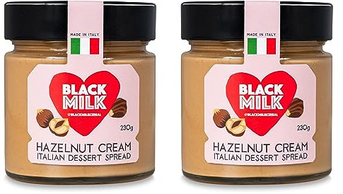Black Milk Hazelnut Cream Spread 2x230g - Made In Italy - Bake or Spread - Gluten Free - Two Jars