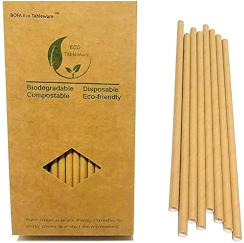 Kraft Brown Paper Straws - 7.75 Extra Thick Biodegradable Straw (100 Pack) - Eco Coffee & Smoothie Straws for Cafe, Picnic, Rustic Wedding