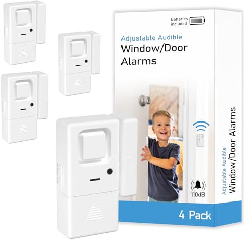 Lot de 2 alarmes de Porte et fenêtre – Volume réglable, Carillon/Alarme, sans Fil, capteur d'alarme de Porte et fenêtre pour la sécurité de la Maison, de l'appartement et Plus Encore (4 Pack)