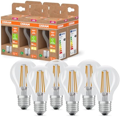 Osram LED Classic LED-Lampe mit Filament in klassischer Kolbenform, klarer Glasleuchtkörper, 3.8 W, E27 Fassung, EEK A, 806 lm für die Allgemeinbeleuchtung, 6-Pack, Weiß