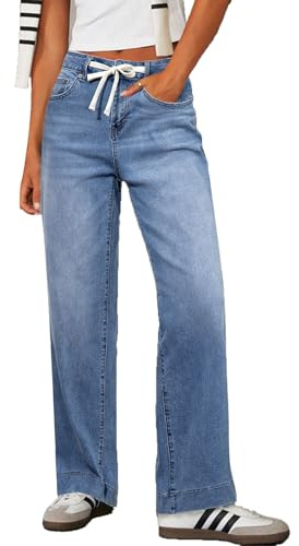 Sidefeel Women's Wide Leg Jeans High Waisted Stretchy Straight Baggy Drawstring Denim Pants Light Blue Size 8