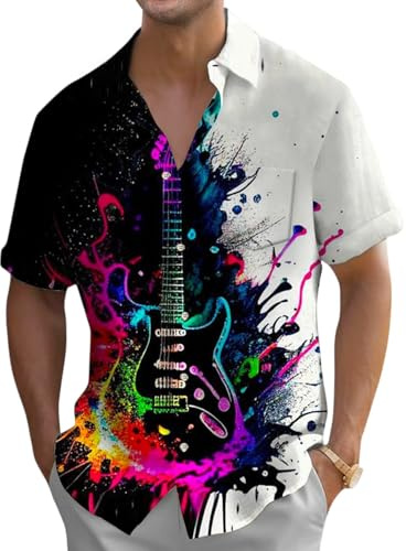Oheyeseker Camisas de música para hombre, estilo vintage, con botones, manga corta, hawaiana, estampada, informal, para la playa, para adultos, Guitarra musical negra, XL