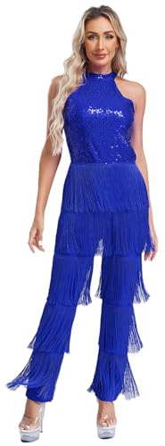 TiaoBug Abito da Ballo Latino Americano Tango Donna con Nappe Paillettes Body Danza Classica Moderna Collo Halter Costume da Danza Samba Rumba Salsa Sala da Ballo Dancewear Blu reale XXL
