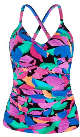 Ocean Blues Tankini da donna con controllo della pancia, push-up, scollo a V, solo top, Foglie colorate., XXL