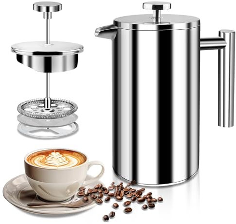 LUOJINYI Cafetière à piston en acier inoxydable de 1000 ml de qualité supérieure, système d'isolation à double paroi avec construction à deux couches, grande capacité, idéale pour offrir aux amateurs