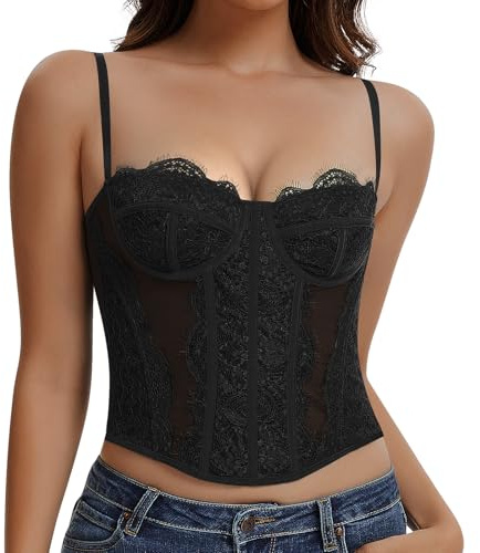 JoyGirl Corsetto Donna Bustier in Pizzo Corsetto Top Controllo Pancia Crop Top con Spalline Regolabili Top per Uscite-Feste-Club, Nero , XXL
