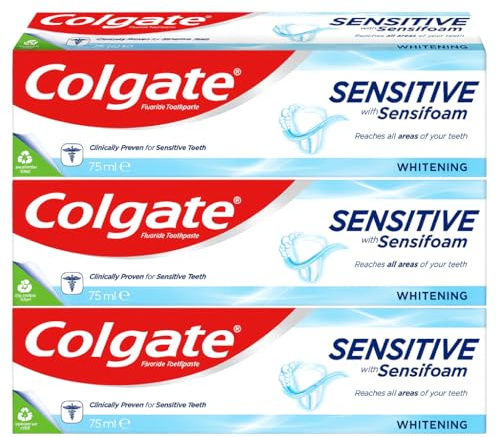 Colgate Sensitive Teeth Whitening Toothpaste with Sensifoam for Deep Clean and Enamel Protection 3 x 75ml | Sensitivity Relief Toothpaste for Fresh Breath, Strong Teeth & Gums | Dentist Recommended