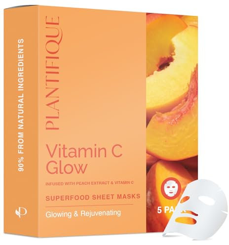 PLANTIFIQUE Maschera Viso in Tessuto Vitamin C Glow 5 Pezzi – Maschere Viso Ringiovanenti e Illuminanti con Pesca e Vitamina C – Cura della Pelle Coreana per Pelli Spente