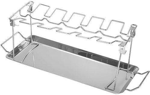 Supporto in acciaio di alta qualità per forno grill o affumicatore, include vassoio per olio e doppio manico, supporto per cottura a costine antiruggine