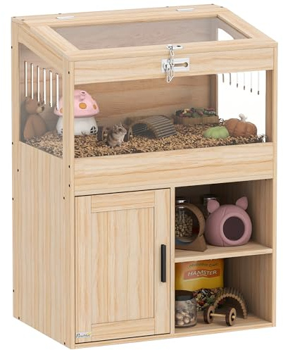 PawHut Cage pour Hamster avec Espace de Rangement Maison pour Hamster avec Panneaux acryliques Visibles Etagère réglable pour Gerbille 60x40x82,5 cm Naturel