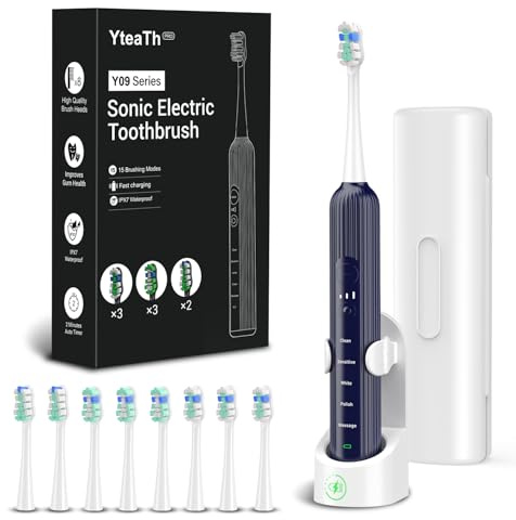 Brosse à dents sonique électrique pour adultes et enfants, 5 modes de brossage, 3 niveaux d'intensité, minuterie, 8 têtes de brosse de rechange, étui de voyage, rechargeable Sonic Toothbrush bleue