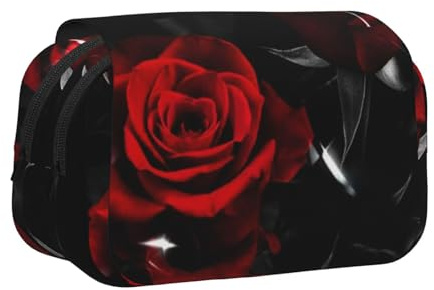 Red Rose Print Pencil Case Large Capacity Pen Pouch Pencil Bag with 2 Compartments Pen Holder Organizer Stationery Bag
