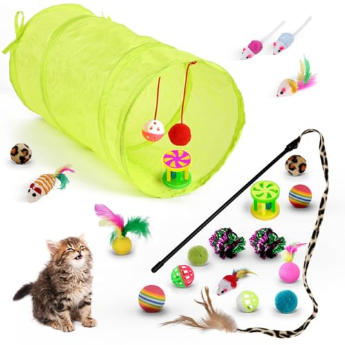 FunMay 21 PCS Cat Toys Kitten Toys Set – Interactive Cat Tunnel with Feather Wand, Plush Mice, Crinkle Balls, Jingle Balls, Spring Toys – Indoor Play Set for Cats, Kittens, Rabbits, Puppies