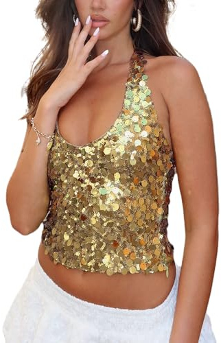 Women's Sparkling Sequins Halter Neck Vest Sleeveless Open Back Tie-Up Glitter Shiny Cropped Slim Fit Tank Tops Party Rave Streetwear (A-Gold, M)